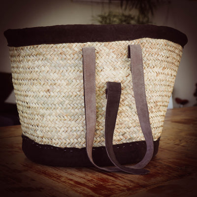 Handgefertigte Korb-Tasche Stroh und Wildleder